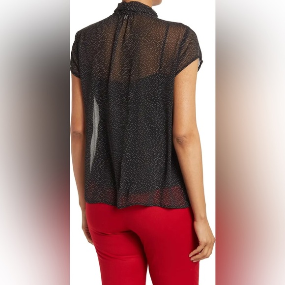 New Pleione Tie Neck Polka Dot Sheer Short Sleeve Blouse black - Picture 2 of 5